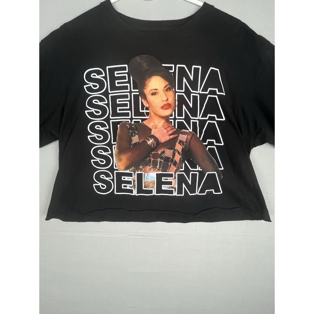 Selena Women Black Print Short Sleeve Crop T-Shirt Size L